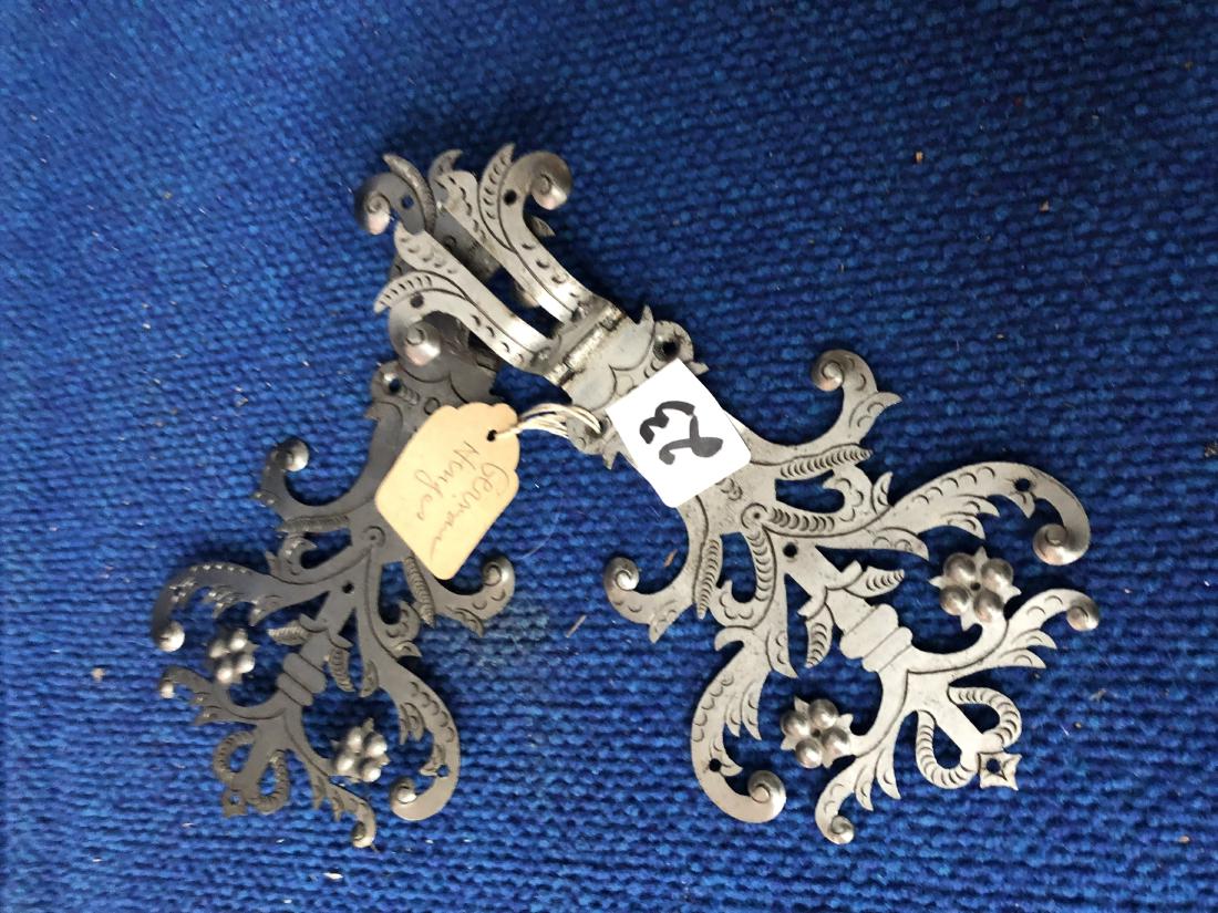 Intricate German Door Hinges: Door hinges from germany with etched styling.