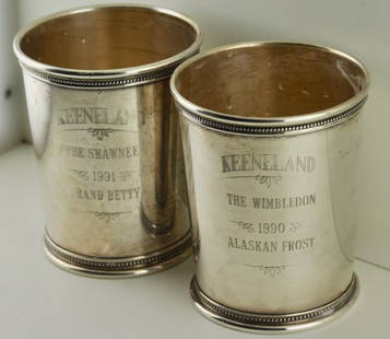 Pair Sterling Mark J. Scearce Mint Julep Cups: Sterling Both Mark J. Scearce silversmith Mint Julep cups Cup No. 1 Keeneland The Wimbledon 1990 Alaskan Frost Sterling Cup No. 2 Keeneland The Shawnee 1991 Grand Betty SterlingBoth with the Eagle