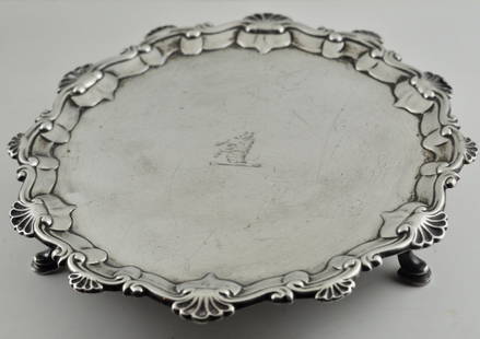 Sterling Silver London circa 1758 Footed Salver: Early London sterling footed salver circa 1758. It measures 7 1/2 wide/tall. 9.8 Troy ounces