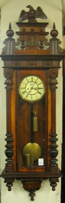 A TWO-WEIGHT REGULATOR WALL CLOCK, German, c. 19: A TWO-WEIGHT REGULATOR WALL CLOCK, German, c. 1900, the walnut and glass panel case housing an 8-day, weight driven, time & strike movement with eagle and anchor trademark and serial #240313. Case len