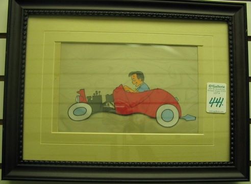 A WALT DISNEY CELLULOID DRAWING in color, from th: A WALT DISNEY CELLULOID DRAWING in color, from the animated series titled "The Man in the Car". Depicts a young man in a red jalopy. Image size, 9 1/4 in. by 6 in. See description attached verso. Fram