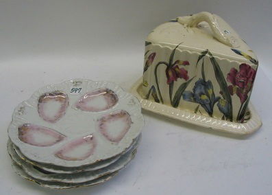 FIVE ENGLISH PORCELAIN TABLE ACCESSORIES. One is: FIVE ENGLISH PORCELAIN TABLE ACCESSORIES. One is a trifold cheese dish, decorated with iris flowers on the interior and exterior, large size; together with a set of 4 lustre oyster plates, each for 5