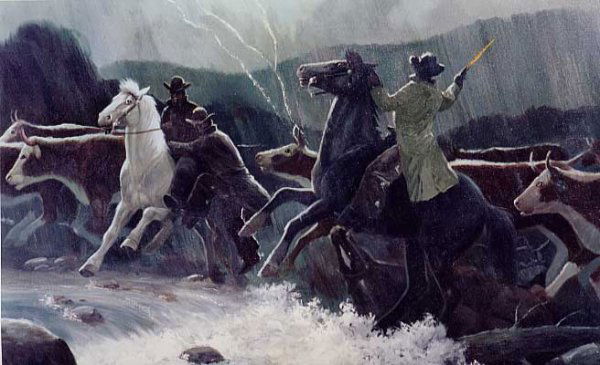 CHARLES DAMROW (Arizona, born 1916) Oil on canvas.: CHARLES DAMROW (Arizona, born 1916) Oil on canvas. Cowboys at night stopping a stampede in a sudden down pour. 36 in. by 24 in. Signed Charles Damrow l.l. Well framed. N.B.. This painting deaccessione