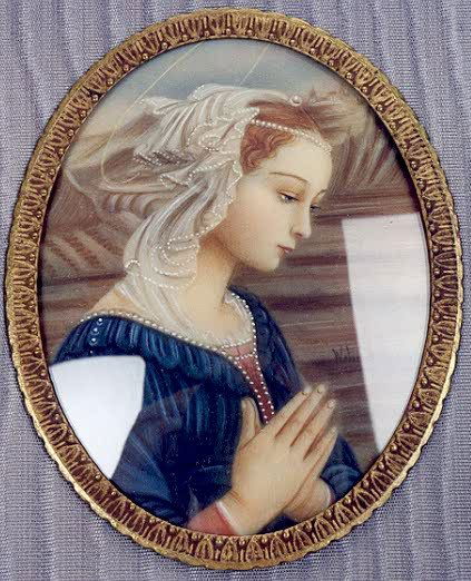 GERMAN SCHOOL, early 19th century Miniature oil on: GERMAN SCHOOL, early 19th century Miniature oil on what appears to be vellum Portrait of a young women in lace veil in prayer, oval, 2 3/4 in. by 3 1/4 in. Well matted in wood frame.