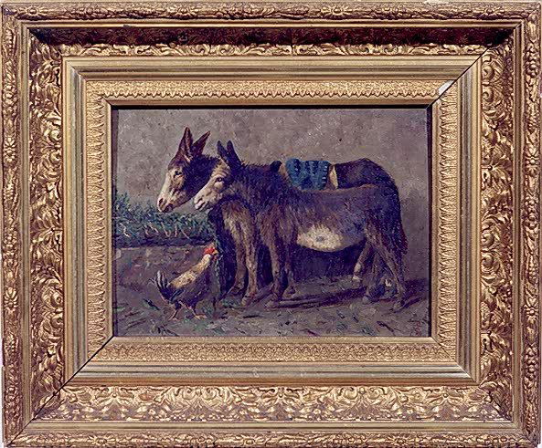 STUDENT OF HENRY "HARRY" WENTZ (Oregon, 1875-1965): STUDENT OF HENRY "HARRY" WENTZ (Oregon, 1875-1965). Oil on wood panel, two donkeys with a barnyard chicken. 9 in. by 12 in., signed indistinctly F. W.... l.r. In late 19th century gold leaf and gilt w
