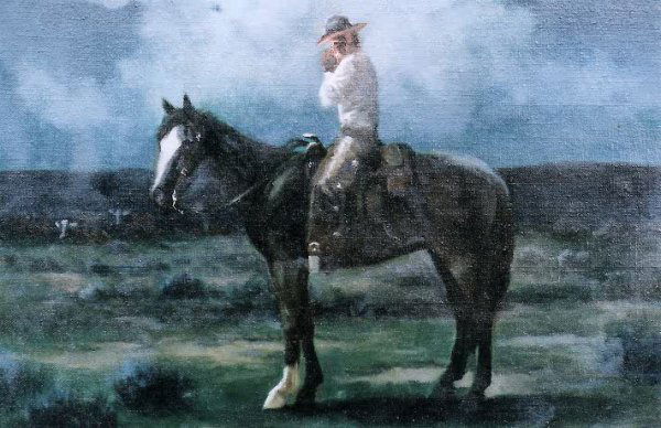 CHARLES DAMROW (Arizona, born 1916) Oil on canvas N: CHARLES DAMROW (Arizona, born 1916) Oil on canvas Night Rider, a cowboy lighting up a smoke on the night range. 12 in. by 16 in. Signed Charles Damrow l.l. Well framed.