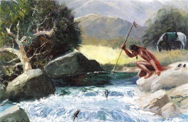 CHARLES DAMROW (Arizona, born 1916) Oil on canvas: CHARLES DAMROW (Arizona, born 1916) Oil on canvas Landscape with Indian spearing fish in mountain stream. 12 in. by 16 in. Signed Charles Damrow l.l. Well framed.