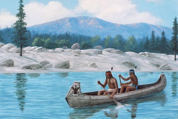 CHARLES DAMROW (Arizona, born 1916) Oil on canvas M: CHARLES DAMROW (Arizona, born 1916) Oil on canvas Mountain landscape with two Indians in canoe 18 in. by 24 in. Signed Charles Damrow l.l. In carved gilt wood frame.
