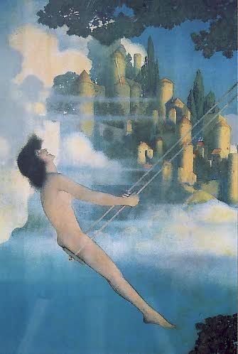 MAXFIELD PARRISH color print "The Dinkey-Bird" from: MAXFIELD PARRISH color print "The Dinkey-Bird" from "Poems of Childhood", c. 1905. 11 in. by 16 in. In original gilt and black wood frame.