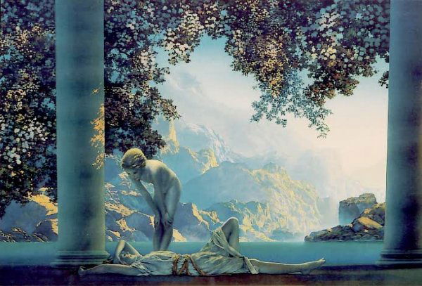 MAXFIELD PARRISH color print "Daybreak", 18 in. by: MAXFIELD PARRISH color print "Daybreak", 18 in. by 30 in. In original 1920's Art Deco wood frame, first issued in 1923.