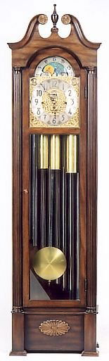 MAHOGANY CASED NINE-TUBE HALL CLOCK, Herschede Clo: MAHOGANY CASED NINE-TUBE HALL CLOCK, Herschede Clock Co., model 217, c. 1955-57. The Chippendale-style case houses a 3-weight movement that chimes Westminster, Canterbury or Whittington chimes on 9 vi
