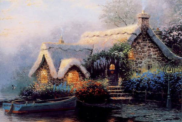 THOMAS KINCADE (American, 20th century) Color print: THOMAS KINCADE (American, 20th century) Color print on canvas heightened with oils Lochhaven Cottage, 9 in. by 12 in. In limited edition, this being #22625, signed Thomas Kincade l.r. In hardwood fram
