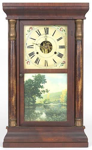CONNECTICUT SHELF CLOCK, Seth Thomas Clock Co., Ply: CONNECTICUT SHELF CLOCK, Seth Thomas Clock Co., Plymouth Hollow, c. 1860. The mahogany case has a glass tablet door between gilded half columns, housing a 2-weight time and strike movement complete wi