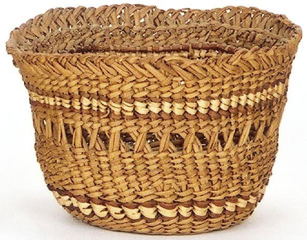 GRANDE RHONDE INDIAN BASKET, with both warp and wef: GRANDE RHONDE INDIAN BASKET, with both warp and weft of juncus reed having bear grass overlay. Diameter 6 in., height 3 1/2 in. c. 1920's.