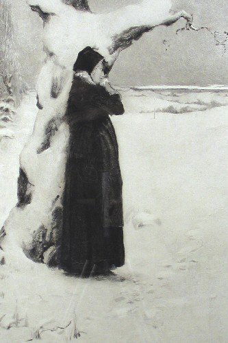 JAMES S. KING (New Jersey, 1852-1925) An etching a: JAMES S. KING (New Jersey, 1852-1925) An etching after the painting by Douglas S. Volk "A Puritan Maid", leaning against tree in winter landscape. 17 3/4 in. by 24 1/4 in. Signed Jas. S. King l.r. and