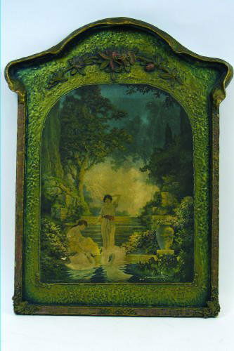 MAXFIELD PARRISH COLOR PRINT "The Garden of Dreams": MAXFIELD PARRISH COLOR PRINT "The Garden of Dreams", 10 in. by 13 in. Rounded top. In early 1920's "pie crust" top wood frame with applied flowers, greenish-gold wide frame.