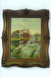 JOHN WILLARD RAUGHT (Dunmore, Pa. 1857-1931) Oil on: JOHN WILLARD RAUGHT (Dunmore, Pa. 1857-1931) Oil on canvas An impressionistic landscape with rocky shore and stream, autumn-leaved trees in distance. 24 in. by 18 in. Signed John Willard Raught 1904 l