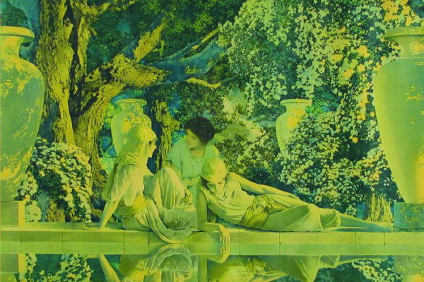 MAXFIELD PARRISH COLOR PRINT "The Garden of Allah",: MAXFIELD PARRISH COLOR PRINT "The Garden of Allah", c. 1918 15 in. by 30 in. in its original raised gilt decorated Art Deco blue wood frame.
