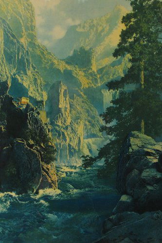 MAXFIELD PARRISH COLOR PRINT: "Spirit of Transporta: MAXFIELD PARRISH COLOR PRINT: "Spirit of Transportation", 1923, (which is the same as Parrish's "Royal George of Colorado", only with the addition of two trucks u.c.). Parrish was commissioned along w