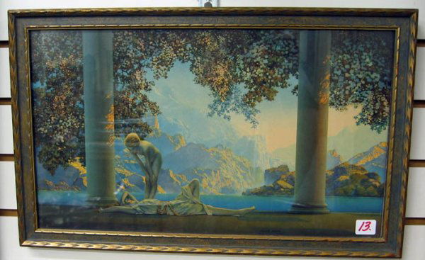 MAXFIELD PARRISH color print, c. 1920's. "Daybreak": MAXFIELD PARRISH color print, c. 1920's. "Daybreak", 18 in. by 10 1/2 in., titled verso. In original blue and gilt wood frame.