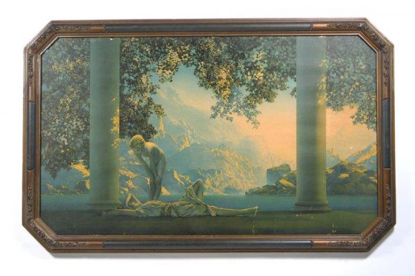 MAXFIELD PARRISH COLOR PRINT, "Daybreak" (which was: MAXFIELD PARRISH COLOR PRINT, "Daybreak" (which was the decorating sensation of the 1920's), first published in 1922 with the artist's daughter, Jean Parrish, as the standing nude figure in the print