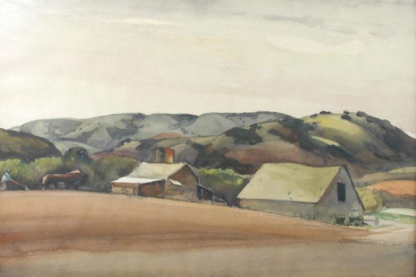 MILLARD OWEN SHEETS (Gualala, California 1907-1989): MILLARD OWEN SHEETS (Gualala, California 1907-1989). Watercolor on paper, landscape with farmer plowing field with draft horses, barns and equipment in the distance. 15 1/2 in. by 19 1/4 in., signed M