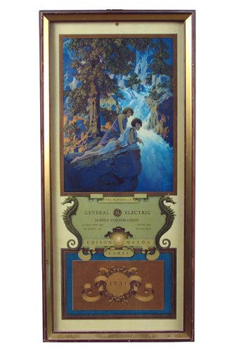 MAXFIELD PARRISH 1931 CALENDAR with color print tit: MAXFIELD PARRISH 1931 CALENDAR with color print titled "Waterfall", made for General Electric Supply Corporation featuring Edison Mazda Lamps. Approximately 8 1/4 in. by 19 1/4 in. In deep wood frame.