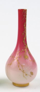 THOMAS WEBB PEACH BLOW STICK VASE, enameled with g: THOMAS WEBB PEACH BLOW STICK VASE, enameled with gold dragon fly, flowering and fruiting vines. Cased. Shading from rose red at top to pale pink at base. Height 7 1/2 in., c. 1880.