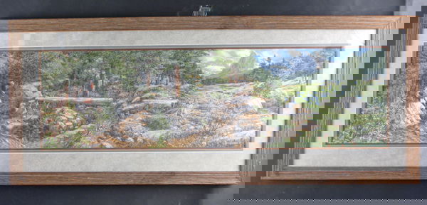 BEV DOOLITTLE (Joshua Tree, California born 1947).: BEV DOOLITTLE (Joshua Tree, California born 1947). A color lithograph titled "Music in the Wind", depicts an Indian girl holding basket with flock of birds in horizontal landscape. 10 1/2 in. by 36 in