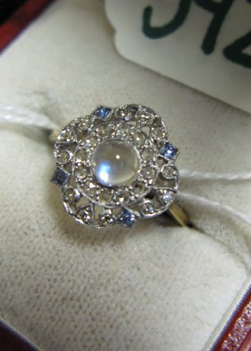 MOONSTONE, SAPPHIRE, DIAMOND AND EIGHTEEN KARAT W