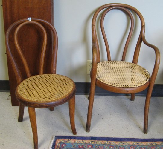 TWO THONET BENTWOOD SALESMAN'S SAMPLE CHAIRS, Mic: TWO THONET BENTWOOD SALESMAN'S SAMPLE CHAIRS, Michael Thonet (German, 1796-1871), Vienna, Austrian, third quarter of the 19th century. The lot includes a double-loop-back side chair and matching armch