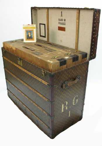 RENE GIMPEL'S LOUIS VUITTON ART TRUNK AND BOOK, #: RENE GIMPEL'S LOUIS VUITTON ART TRUNK AND BOOK, #755157, Paris, France, c. 1924. The large trunk has a lift top opening to three wood painting cases numbered 1 through 3, along with the original leath