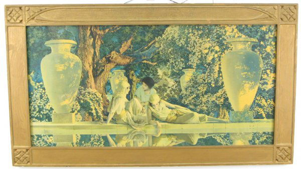 MAXFIELD PARRISH COLOR PRINT titled "Garden of All: MAXFIELD PARRISH COLOR PRINT titled "Garden of Allah", 30 in. by 15 in., c. 1920's in original incised gilt wood frame having New York House of Art paper label attached verso.