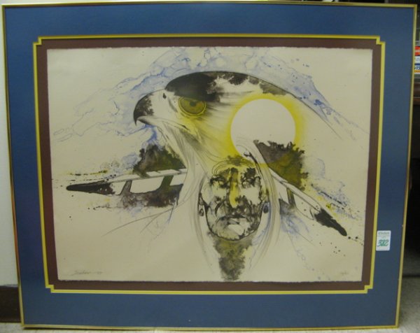 BERT D. SEABOURNE (American, born 1931) An or: BERT D. SEABOURNE (American, born 1931) An original stone lithograph printed in colors, a western theme with eagle and Indian. 30 in. by 27 1/2 in., signed l.l., no. 15/40 l.r. Custom matted in metal