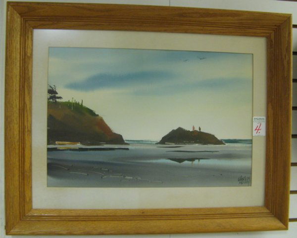 CHARLES MULVEY (Portland, Oregon born 1918) Waterco: CHARLES MULVEY (Portland, Oregon born 1918) Watercolor on paper An Oregon coastal landscape with two figures on large rock. 20 1/2 in. by 13 1/2 in. (image size) Signed Charles Mulvey l.r. In oak fram
