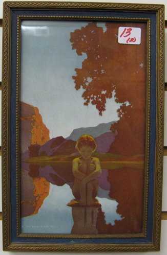 TWO MAXFIELD PARRISH COLOR PRINTS: "Daybreak" and ": TWO MAXFIELD PARRISH COLOR PRINTS: "Daybreak" and "Evening", both 6 in. by 10 in. in original gilt wood and blue frames (with original backing). Both c. early 1920's.