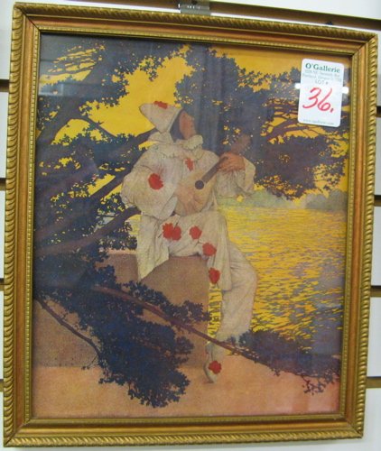 MAXFIELD PARRISH COLOR PRINT "Pierrot's Serenade": MAXFIELD PARRISH COLOR PRINT "Pierrot's Serenade" from his Golden Treasury of Songs and Lyrics, first published in 1908. 9 1/2 in. by 11 1/2 in. (image size) In gilt wood frame.