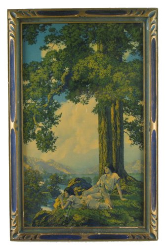MAXFIELD PARRISH COLOR PRINT titled "Hill Top", 12: MAXFIELD PARRISH COLOR PRINT titled "Hill Top", 12 in. by 18 in. published in 1927. In original gilt wood Art Deco frame with blue and green painted panels.