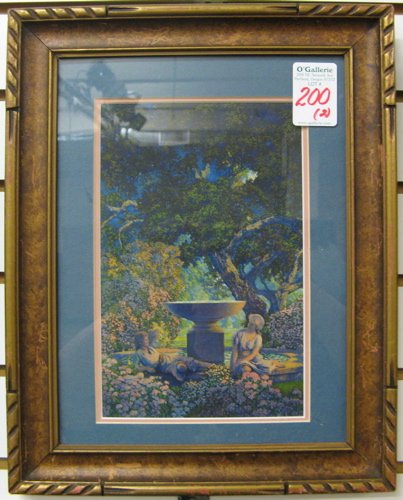 TWO MAXFIELD PARRISH COLOR PRINTS: "Cassim", from: TWO MAXFIELD PARRISH COLOR PRINTS: "Cassim", from Arabian Nights, 9 in. by 11 in.; and "Golden Reveries", first published in 1928, 6 1/2 in. by 10 in. Both well matted in wood frames.