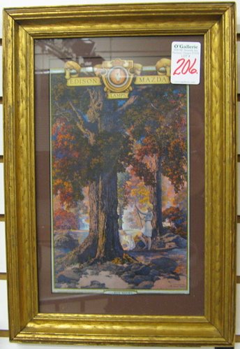 MAXFIELD PARRISH COLOR PRINT titled "Golden Hours: MAXFIELD PARRISH COLOR PRINT titled "Golden Hours", an advertising piece for Edison Mazda Lamps published about 1929. 6 3/4 in. by 11 3/4 in. (image size). In gilt wood frame.