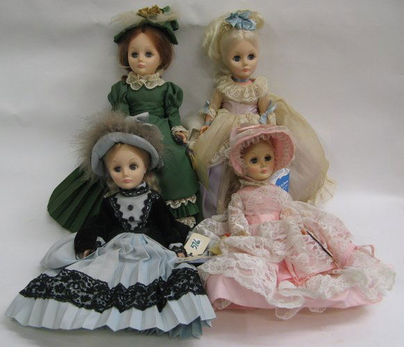 A GROUP OF 4 AMERICAN EFFANBEE GIRL DOLLS, new in: A GROUP OF 4 AMERICAN EFFANBEE GIRL DOLLS, new in box, 1979, 14 in. hts., original tags, including "Grand Dame Emerald", (green dress); "Grand Dame", (Blue Bayow); "Grand Dame", Madam Du Barry; and "G