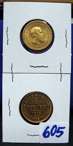 TWO RUSSIAN EMPIRE FIVE ROUBLES GOLD COINS OF THE: TWO RUSSIAN EMPIRE FIVE ROUBLES GOLD COINS OF THE NINETEENTH CENTURY: Alexander II, St. Petersburg mint, Nikolai Grachev mintmaster, 1873 ; Alexander III, St. Petersburg mint, Appolon Grasgov mintmast