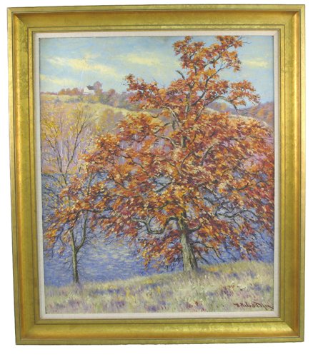 HUGO MELVILLE FISHER (FISCHER) (Alameda, Californ: HUGO MELVILLE FISHER (FISCHER) (Alameda, California 1876-1946). Oil on canvas An impressionistic landscape with house on hill in the distance, tree with autumn leaves in foreground. 30 in. by 36 in.,