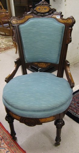 VICTORIAN CARVED AND INLAID WALNUT SIDE CHAIR, Re