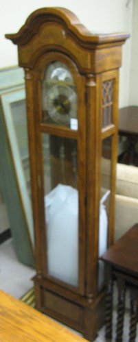 OAK GRANDFATHER FLOOR CLOCK, Ethan Allen Furnitur: OAK GRANDFATHER FLOOR CLOCK, Ethan Allen Furniture Co., model 3044, manufactured 1983. The Queen Anne style oak floor case houses a brass 3-weight movement that strikes Westminster, Whittington or Win