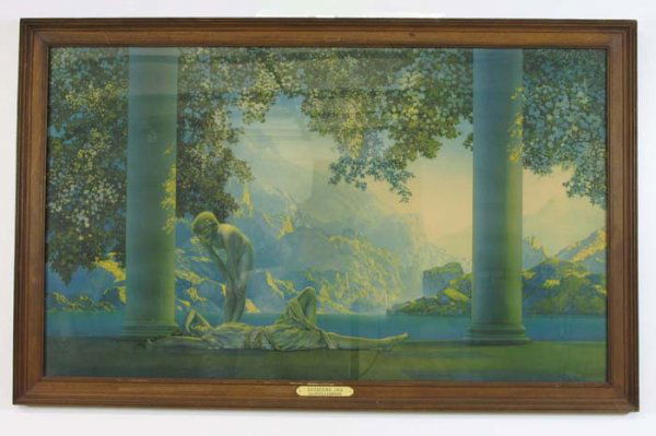 MAXFIELD PARRISH COLOR PRINT titled "Daybreak", c.: MAXFIELD PARRISH COLOR PRINT titled "Daybreak", c. 1922 18 in. by 30 in. In original wood frame.