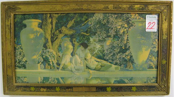 MAXFIELD PARRISH COLOR PRINT titled "Garden of All: MAXFIELD PARRISH COLOR PRINT titled "Garden of Allah" 9 in. by 18 in. in original 1920's wood frame with brass title plaque and traces of paint on frame.