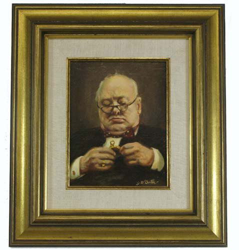 JOHN WILLIAM ORTH OIL ON MASONITE (Santa Anna, Ca: JOHN WILLIAM ORTH OIL ON MASONITE (Santa Anna, California 1889-1976) Portrait of Winston Churchill adjusting his pocket watch. 8 in. by 10 in., signed J.W. Orth l.r. In gilt wood frame. Provenance: fr