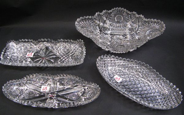 AMERICAN BRILLIANT CUT CRYSTAL TABLE ACCESSORIES,4: AMERICAN BRILLIANT CUT CRYSTAL TABLE ACCESSORIES,4 pieces. One is a relish dish, signed J. Hoare, Corning, 11-1/2" L.; an oval relish dish, Harvard chair bottom pattern, 11" L.; a signed Libby rectang