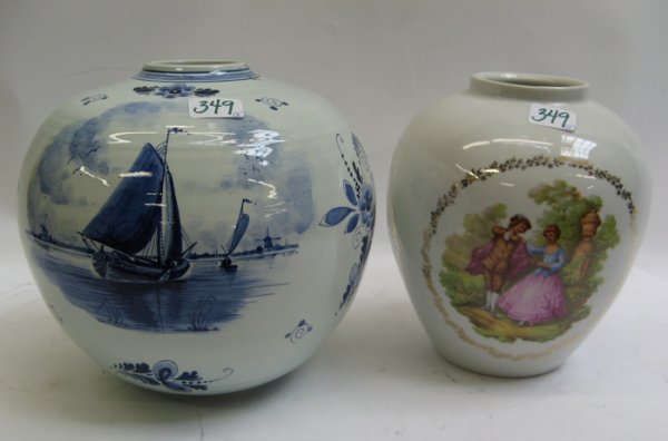 TWO BALUSTER-FORM PORCELAIN VASES, one a Delft bl